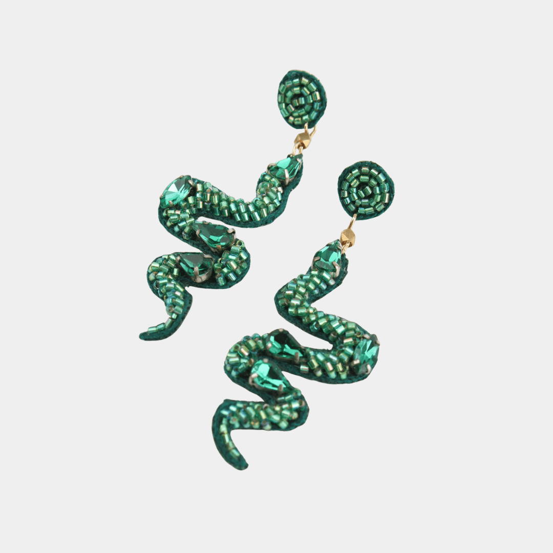 Green Beaded Snake Earrings