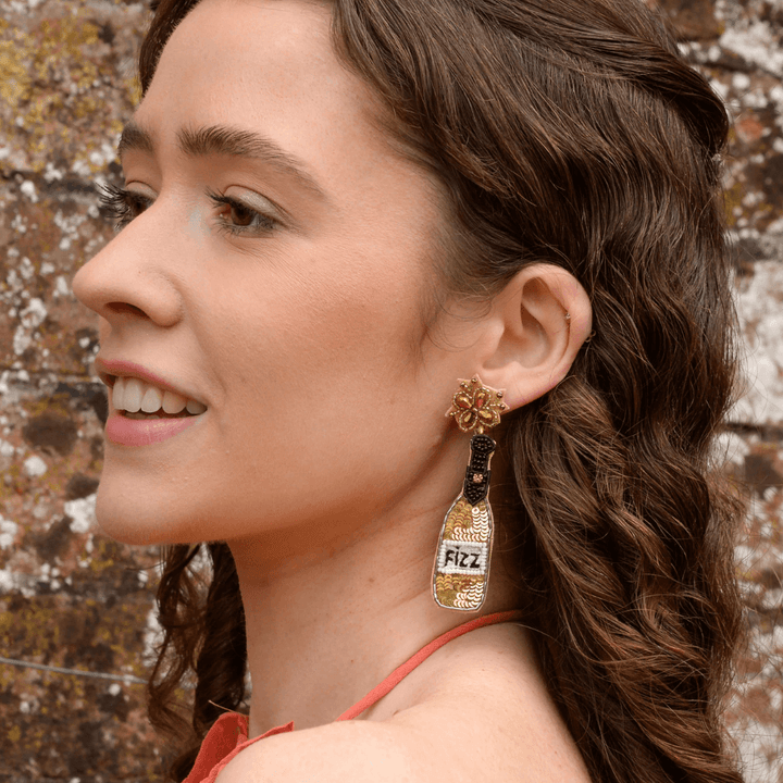Gold Fizz Bottle Beaded Earrings