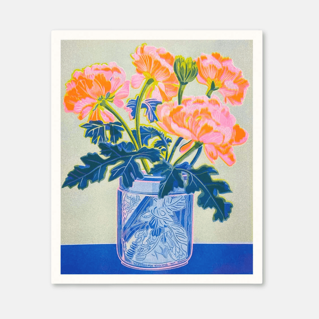 Neon Peonies Riso Art Print