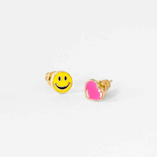 Happy Face & Heart Mini Stud Earrings