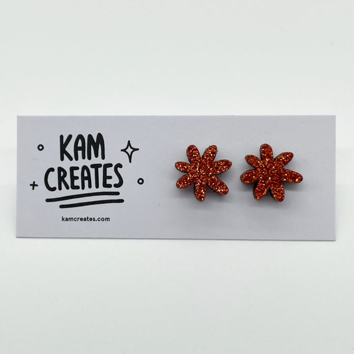 Orange Glitter Flower Studs