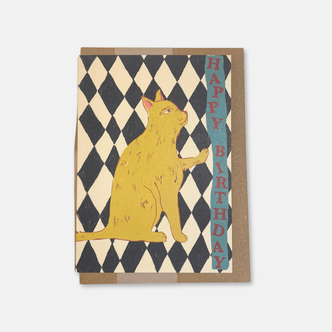 Checkerboard Cat Birthday Greetings Card