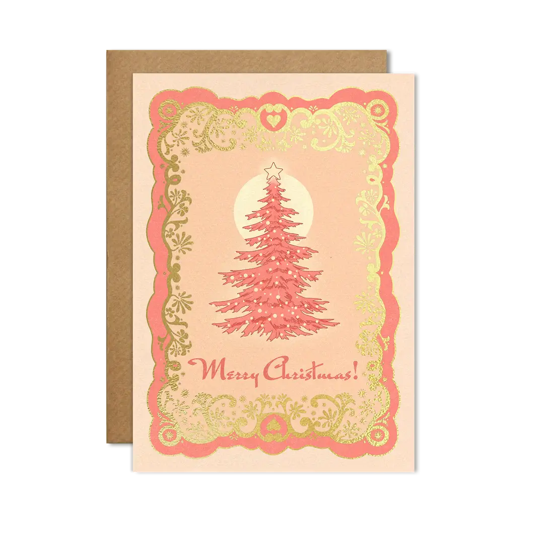 Gold Merry Christmas Tree Greetings Card