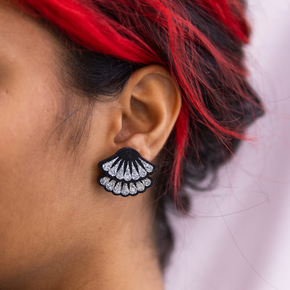 Silver Glittery Tiered Frill Stud Earrings