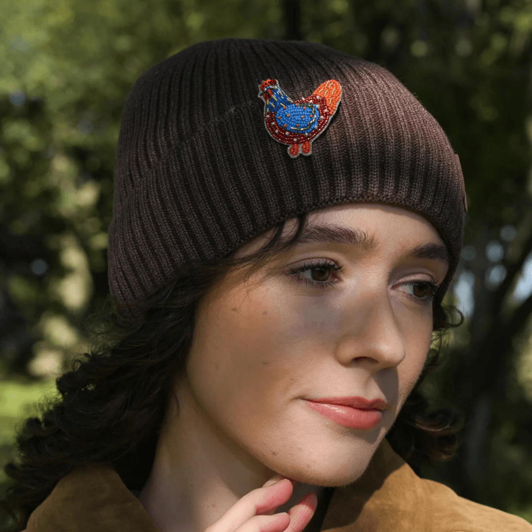 Folk Chicken Beaded Brooch