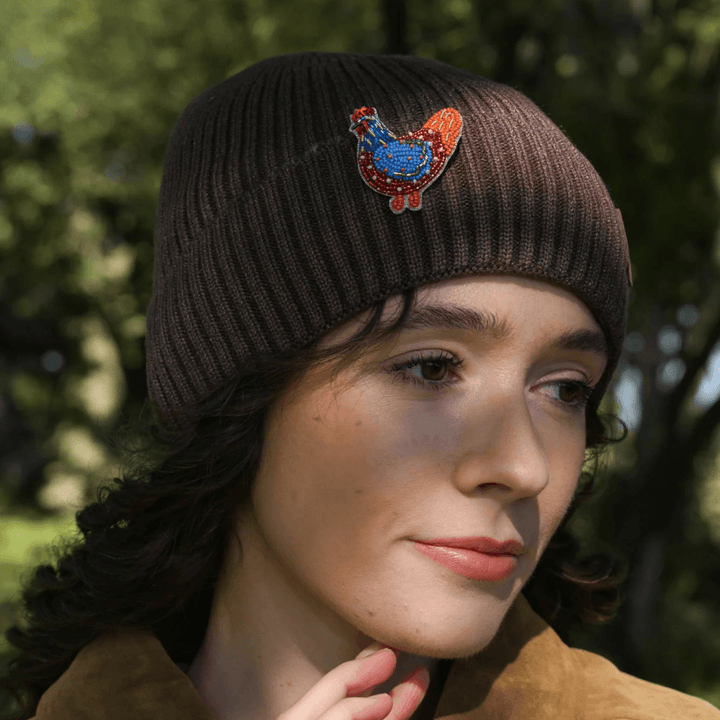 Folk Chicken Beaded Brooch