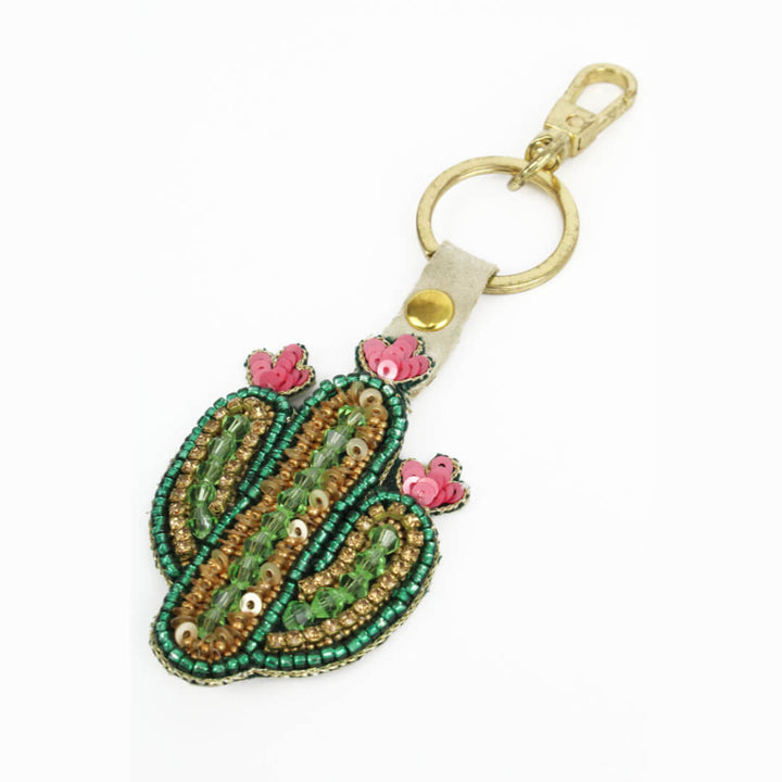 Green Beaded Cactus Keyring