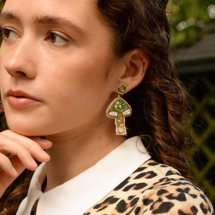 Green Mushroom Beaded Earrings