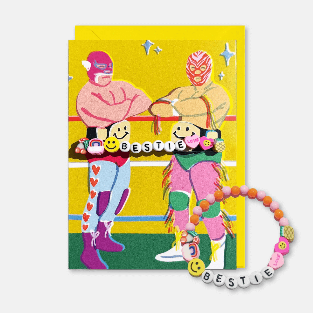 Bestie Wrestlers Greetings Card with Bracelet