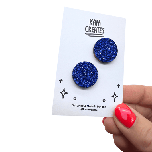 Blue Glitter Circle Stud Earrings