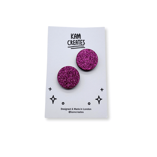 Pink Glitter Circle Stud Earrings