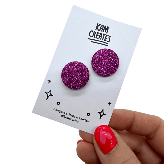 Pink Glitter Circle Stud Earrings