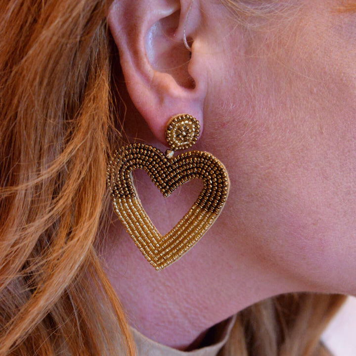 Gold Heart Two Tone Beaded Earrings