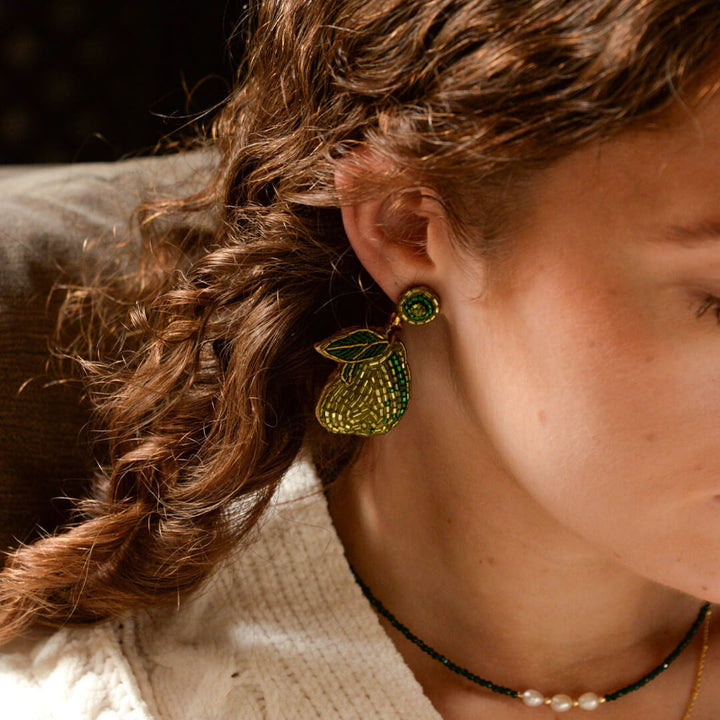 Green Pear Beaded Earrings