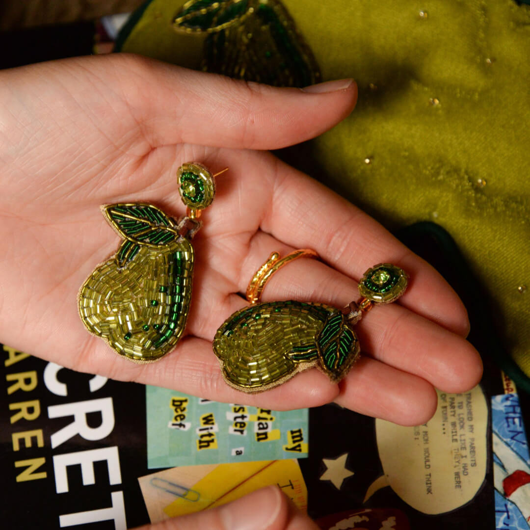 Green Pear Beaded Earrings