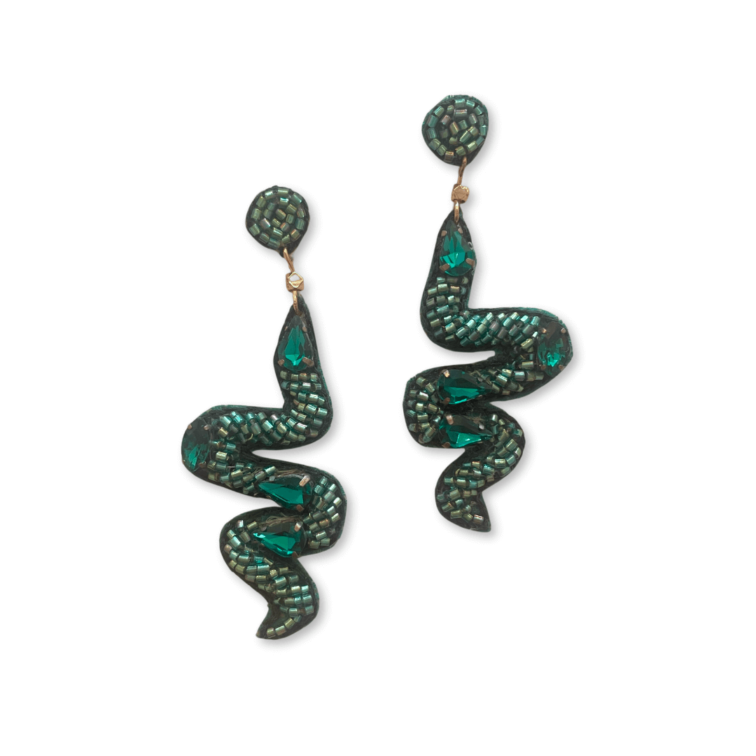 Green Beaded Snake Earrings