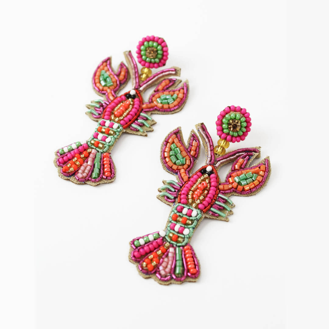 Rainbow Pink Beaded Lobster Earrings