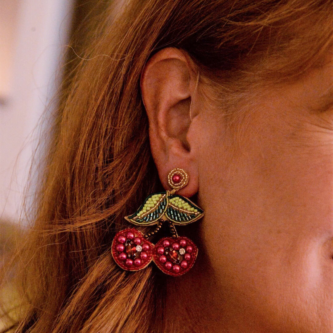 Red Beaded Cherry Earrings