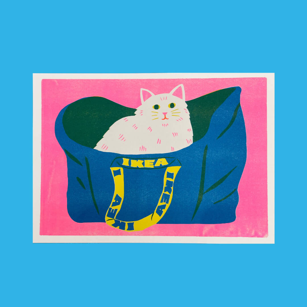 White Cat Ikea Bag Riso Print