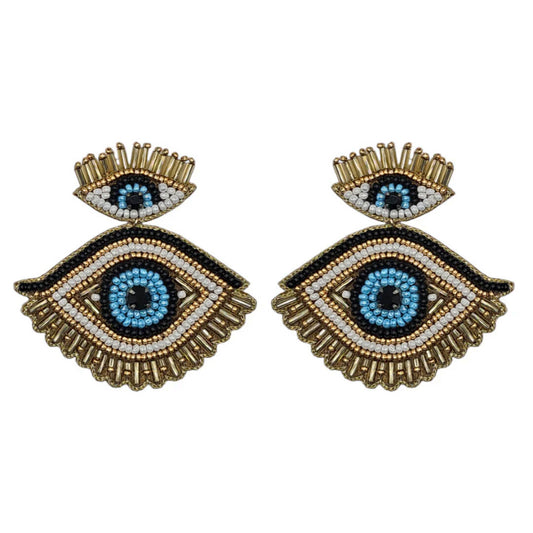 Gold Beaded Double Drop Eye Earrings