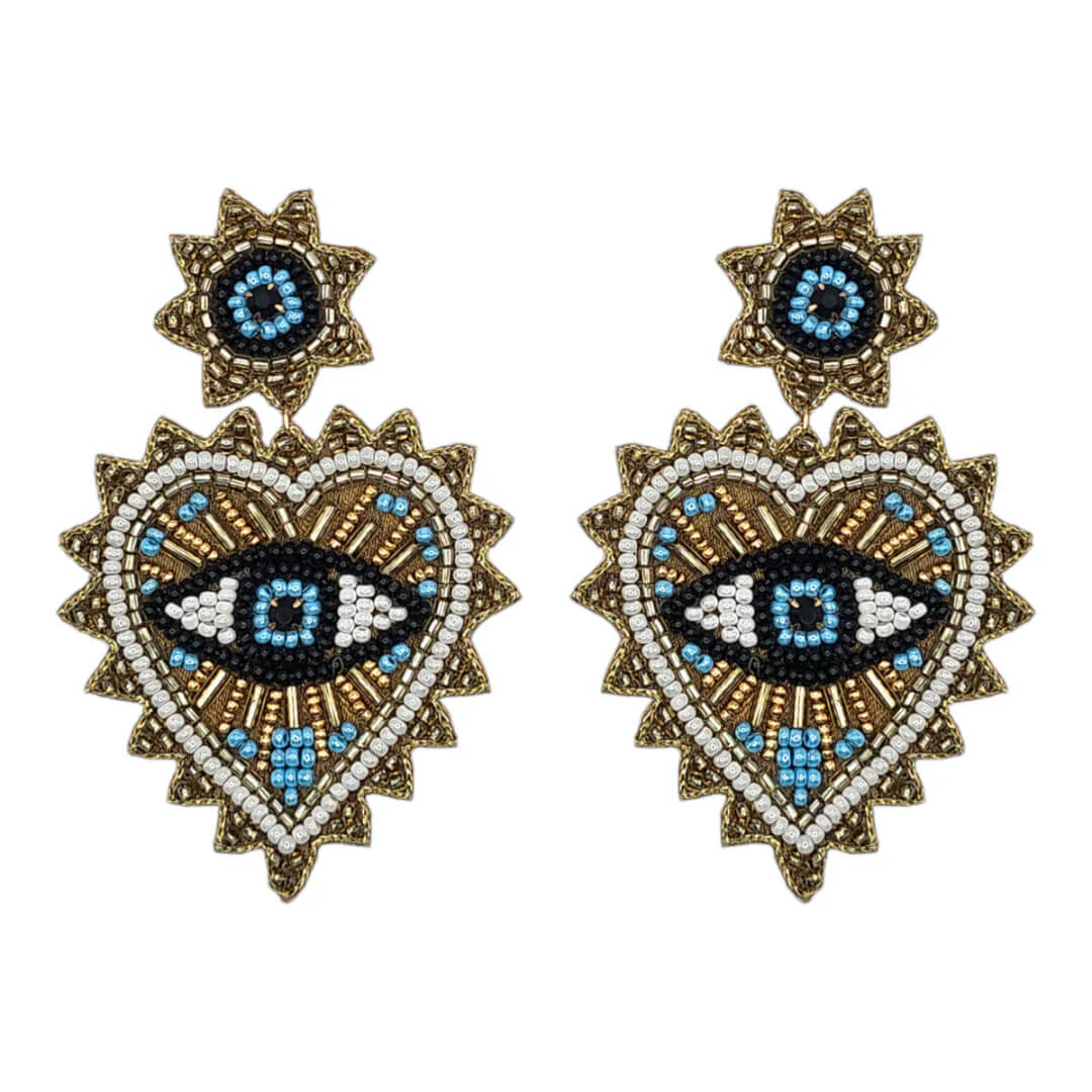 Gold Beaded Heart & Eye Earrings