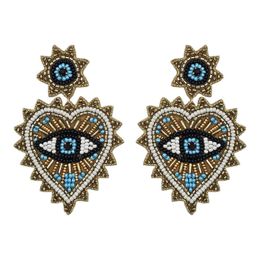 Gold Beaded Heart & Eye Earrings