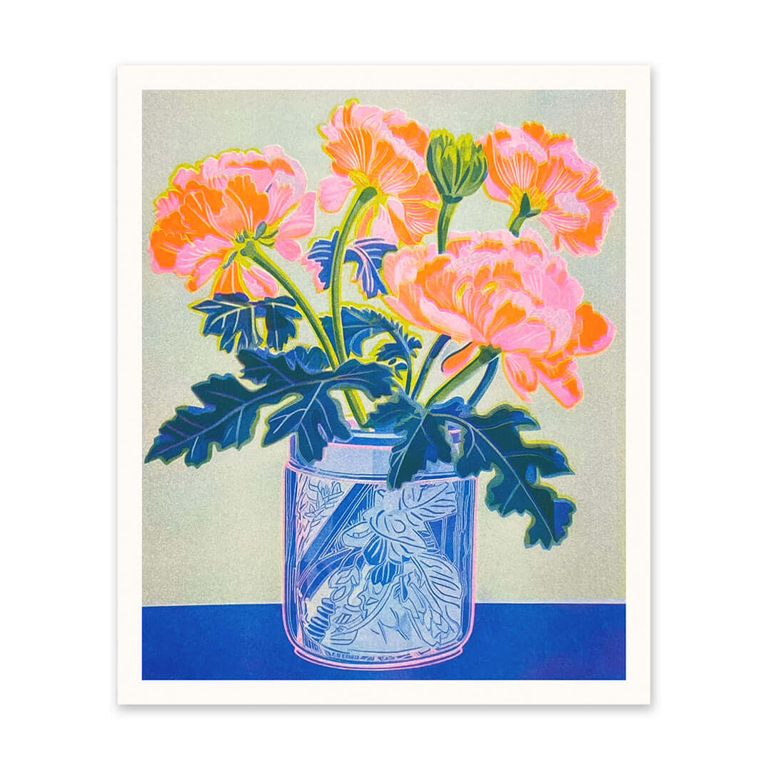 Neon Peonies Riso Art Print