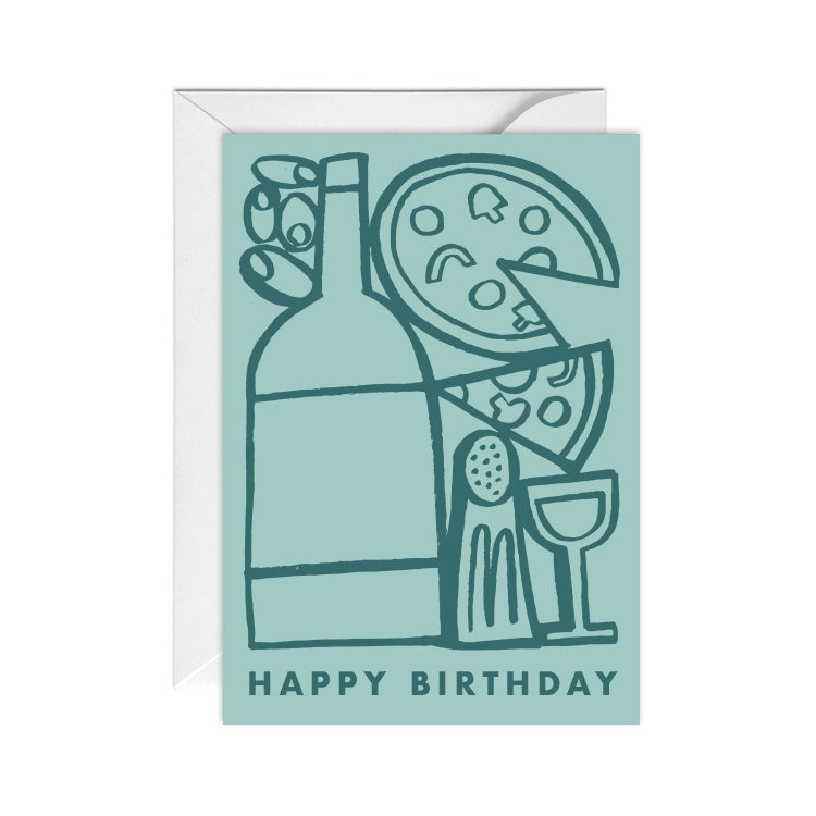 Pizza and Wine Birthday Greetings Card