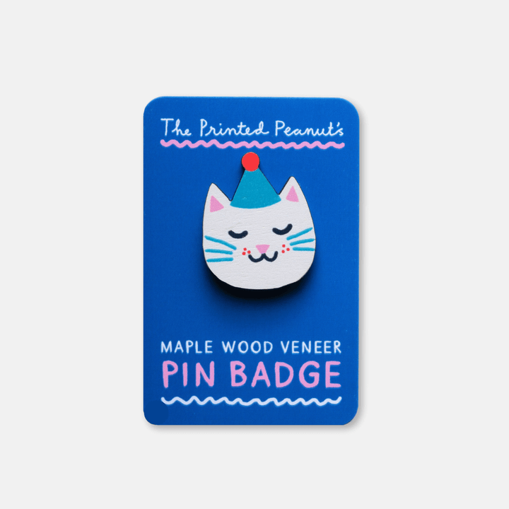 Party Cat Wooden Pin Badge