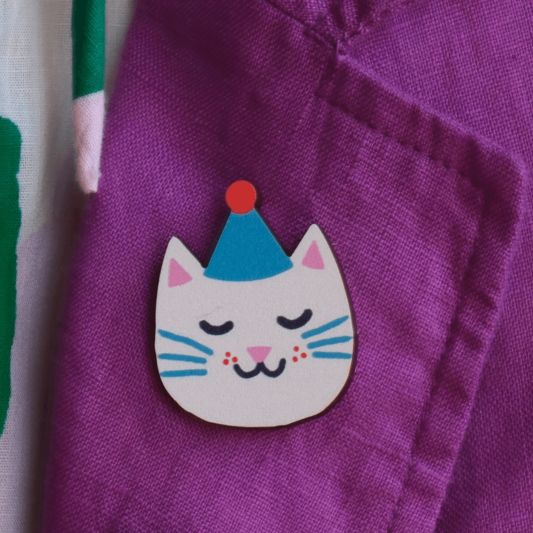 Party Cat Wooden Pin Badge