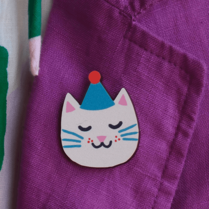 Party Cat Wooden Pin Badge