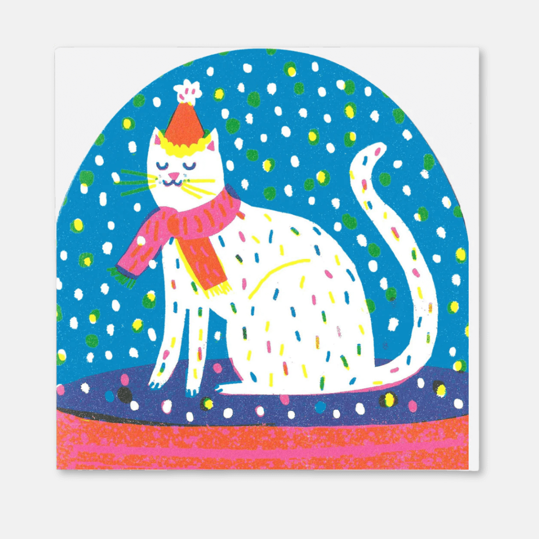 Winter Party Cat Snowglobe Greetings Card
