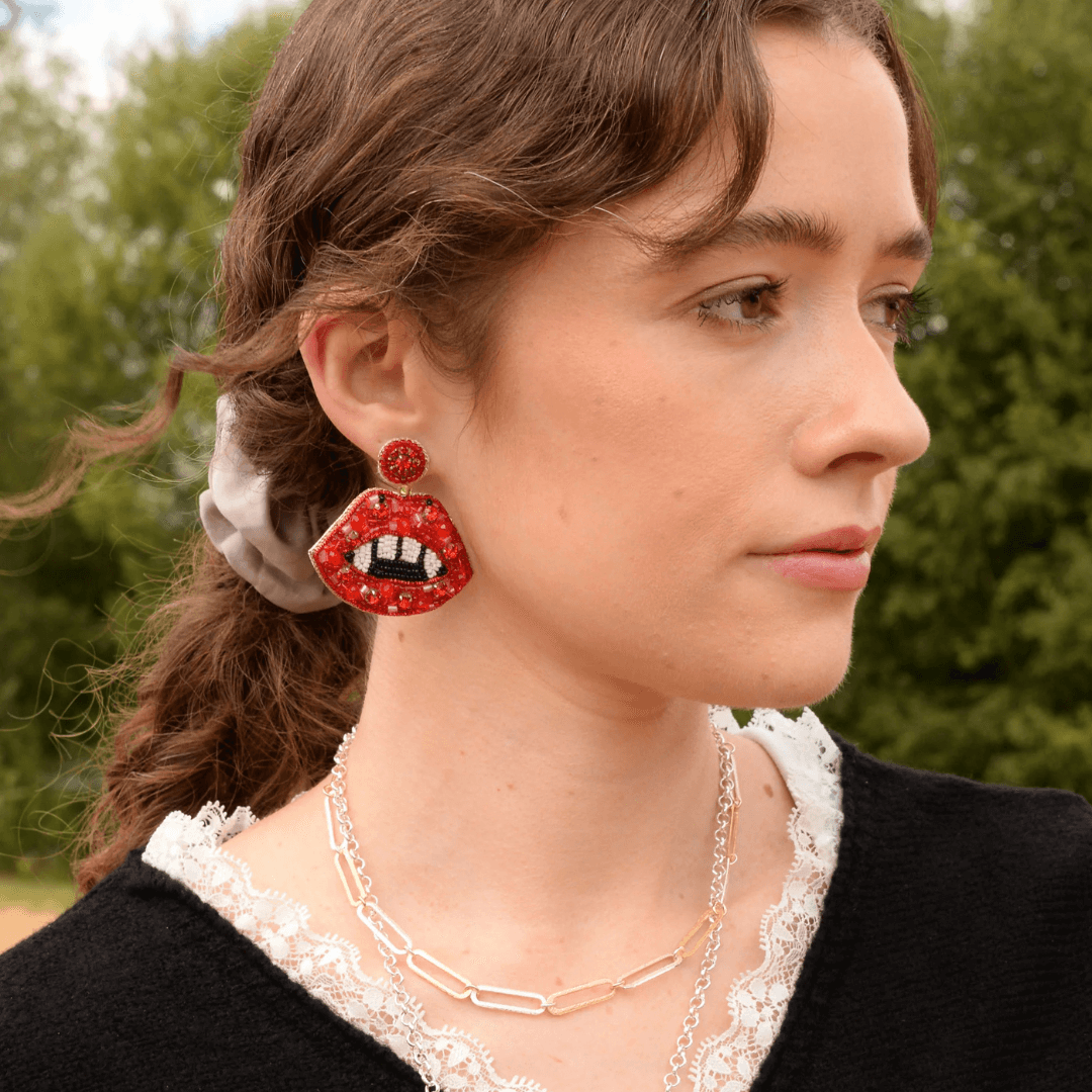 Red Fang Lips Beaded Earrings