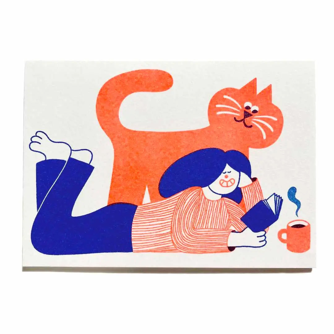 Reading Cat Riso Greetings Card