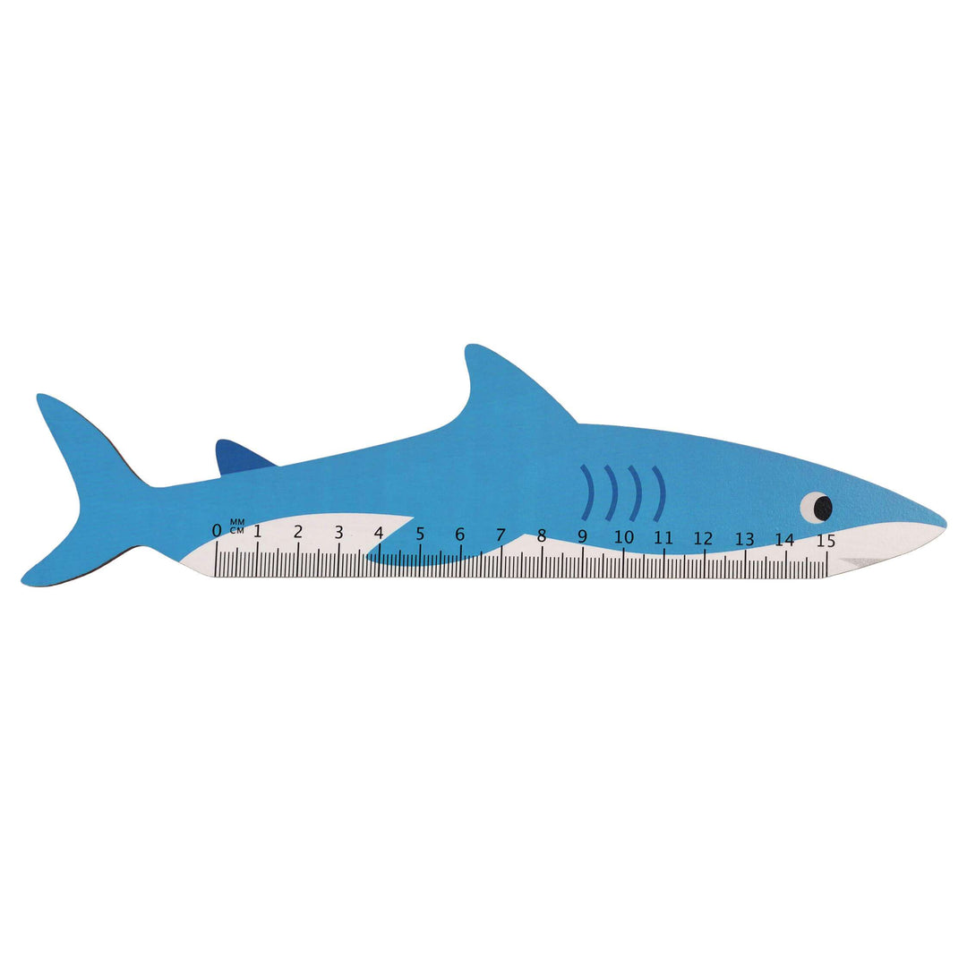 Friendly wooden shark ruler, measuring 15cm and perfect for back to school.