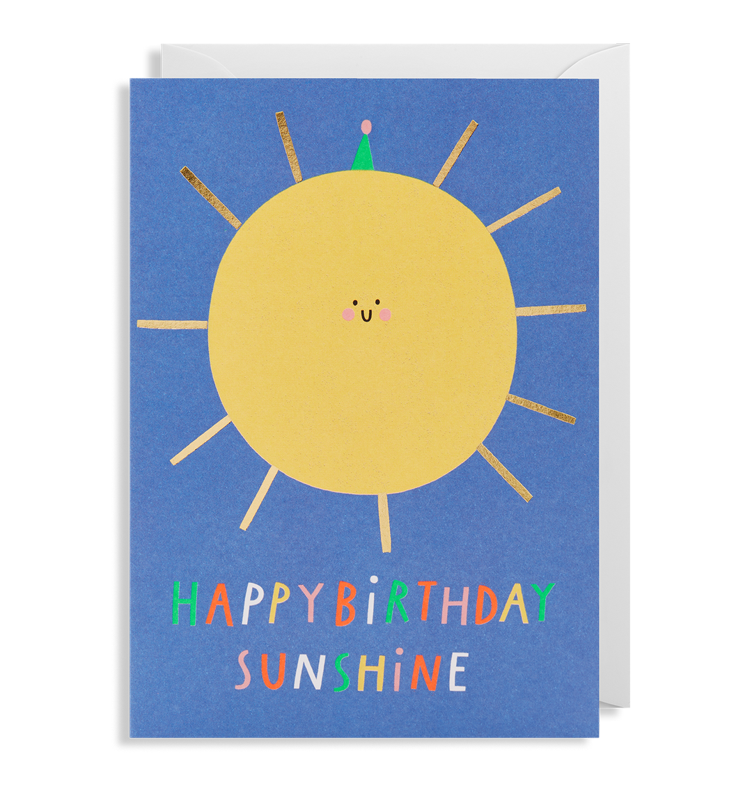 Greetings card featuring a quirky illustration of a friendly sun by Susie Hammer with the words 'Happy Birthday Sunshine' underneath.