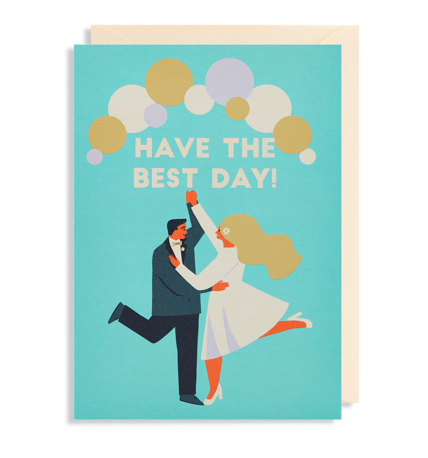 Pale blue greetings card with a dancing wedding couple illustration by Naomi Wilkinson and the words 'Have The Best Day'.
