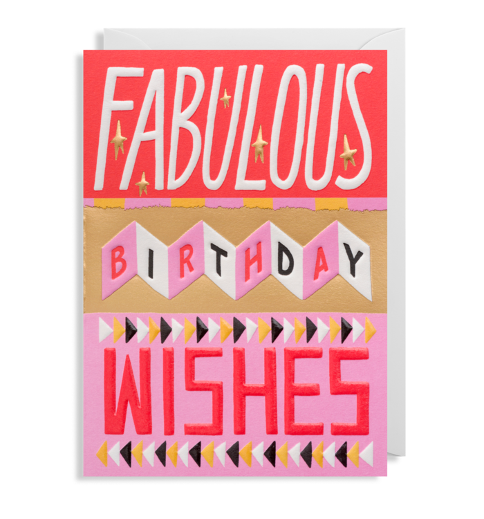 Pink, red and gold embossed card with Fabulous Birthday Wishes typography