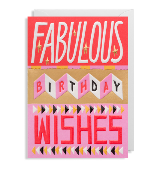 Pink, red and gold embossed card with Fabulous Birthday Wishes typography