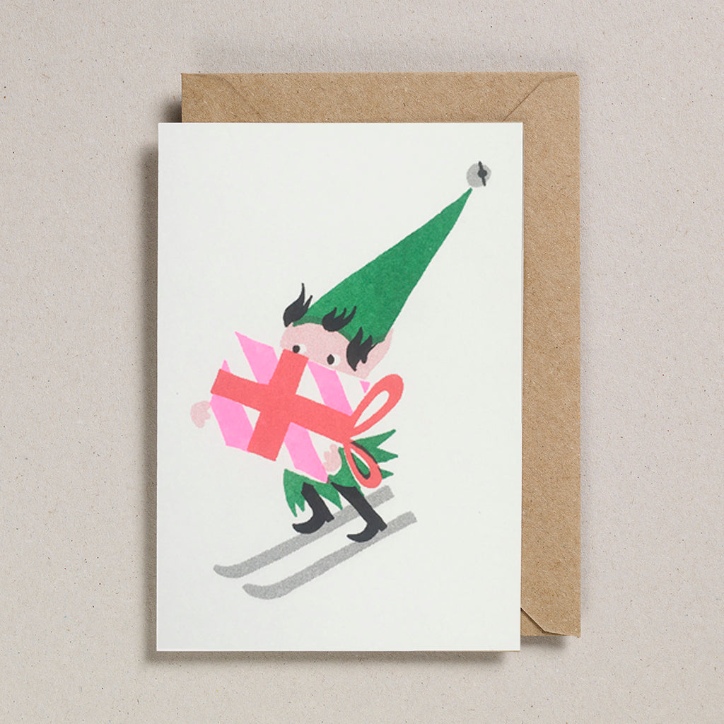 Skiing Elf Christmas Greetings Card