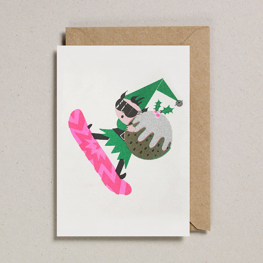 Snowboarding Elf Christmas Greetings Card