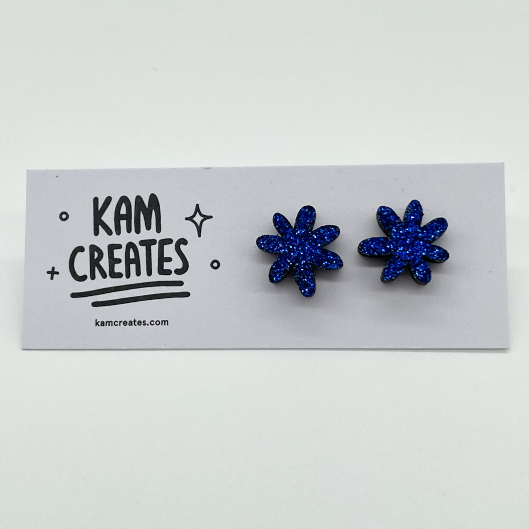 Blue Glitter Flower Studs