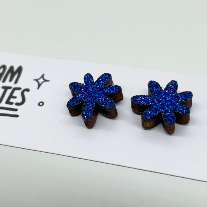 Blue Glitter Flower Studs