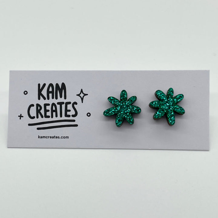 Emerald Green Glitter Flower Studs