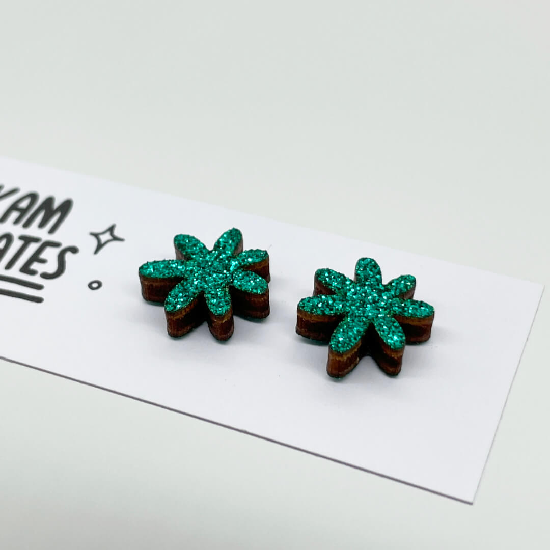 Emerald Green Glitter Flower Studs