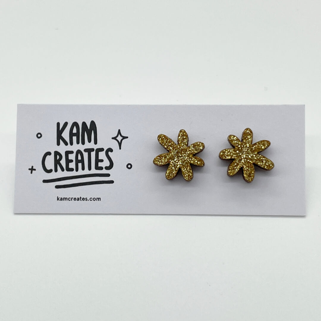 Gold Glitter Flower Studs