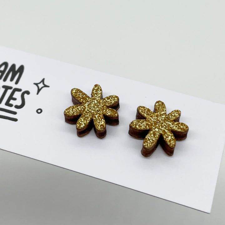 Gold Glitter Flower Studs