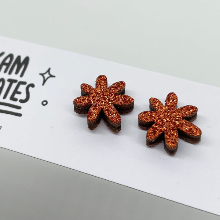 Orange Glitter Flower Studs