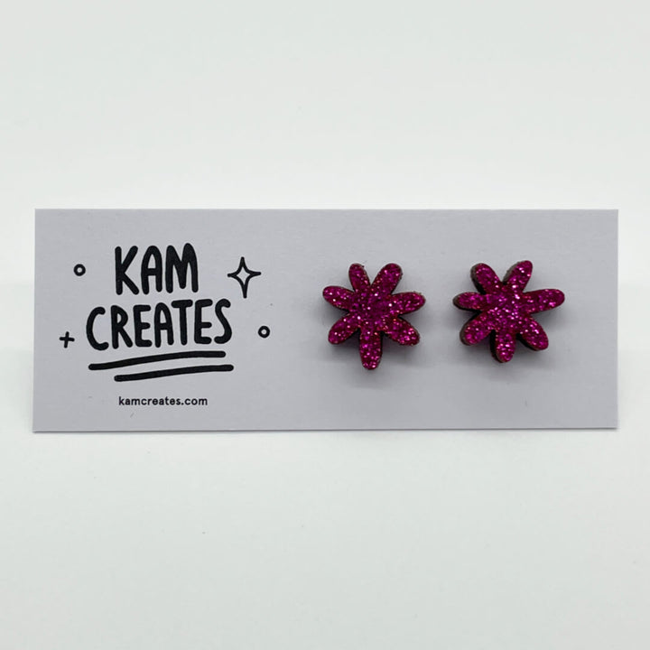 Pink Glitter Flower Studs