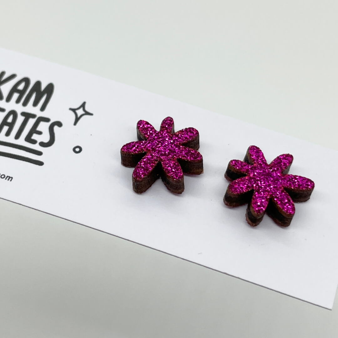 Pink Glitter Flower Studs